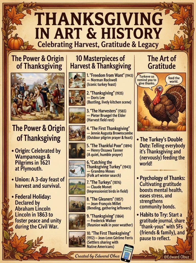 Warm autumn dining room setting displaying holiday harvest decor and Edward Obuz Thanksgiving gratitude art notes.