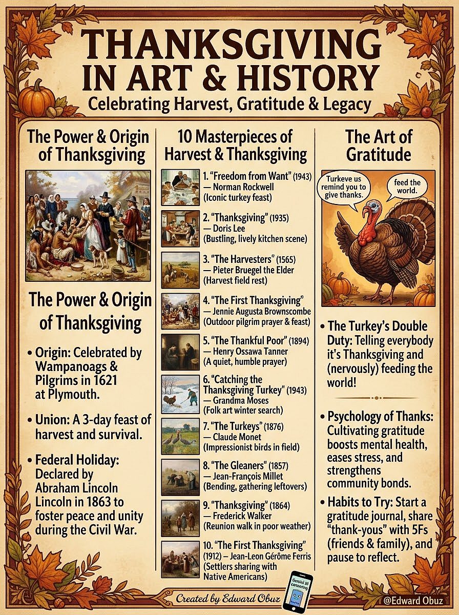 Warm autumn dining room setting displaying holiday harvest decor and Edward Obuz Thanksgiving gratitude art notes.